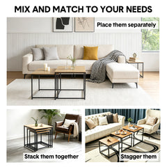 Nesting Coffee Table Set of 3 Square Stackable Side Table with Wooden Top and Metal Frame for Home Living Room Bedroom Apartment Small Spaces Space-Saving