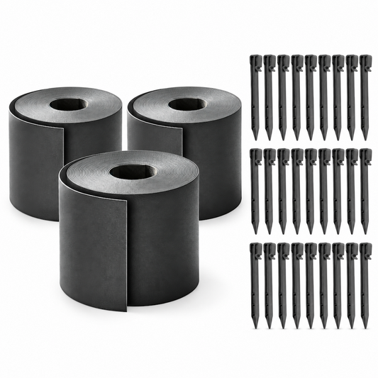 3x10m Landscape Edging Border Flexible Garden Rolls PE Insulating Belt 15cm Tall with 30 Stakes for Flower Beds Yard Paver Weather Resistant Divider Black
