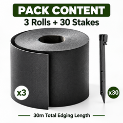 3x10m Landscape Edging Border Flexible Garden Rolls PE Insulating Belt 15cm Tall with 30 Stakes for Flower Beds Yard Paver Weather Resistant Divider Black