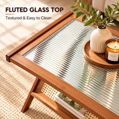 Rattan Coffee Table 104cm Mid-Century Modern Z-Shaped Boho Center Table with Fluted Glass Top and Storage for Living Room Small Space Apartment Brown