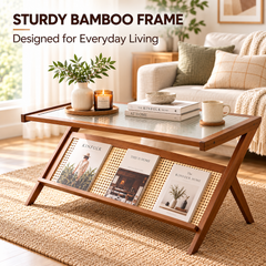 Rattan Coffee Table 104cm Mid-Century Modern Z-Shaped Boho Center Table with Fluted Glass Top and Storage for Living Room Small Space Apartment Brown