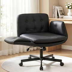 Artiss Criss Cross Chair with Wheels & Adjustable Armrests, Ergonomic Cross Legged Office Desk Chair PU Leather Vanity Chair Swivel for Home, Make Up, Bedroom, Computer, Black