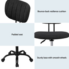 Artiss Armless Office Chair with Wheels, Ergonomic 360° Swivel Home Office Desk Chair, Height Adjustable Computer Task Chair with Fabric Back and Seat for Small Space, Black