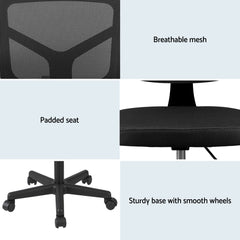 Artiss Armless Office Chair with Wheels, Ergonomic 360° Swivel Home Office Desk Chair, Height Adjustable Computer Task Chair with Fabric Back and Seat for Small Space, Black