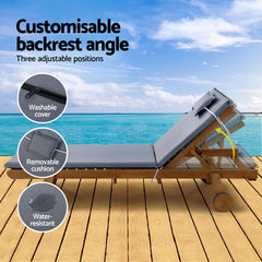 Gardeon Sun Lounge Wooden Lounger Outdoor Furniture Day Bed Wheels Patio Grey