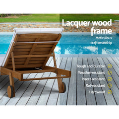 Gardeon 2x Sun Lounge Wooden Lounger Outdoor Furniture Day Bed Wheel Patio White