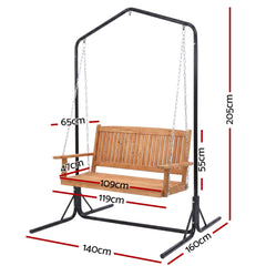 Gardeon Wooden 2-Seater Outdoor Swing Chair with Black Stand Hanging Chair Patio Furniture