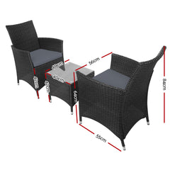 Gardeon 3PC Outdoor Bistro Set Patio Furniture Wicker Setting Chairs Table Cushion Black