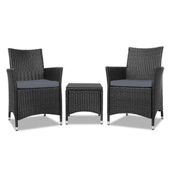 Gardeon 3PC Outdoor Bistro Set Patio Furniture Wicker Chairs Table Cushion All Black