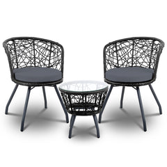 Gardeon 3PC Bistro Set Outdoor Furniture Rattan Table Chairs Patio Garden Cushion Black