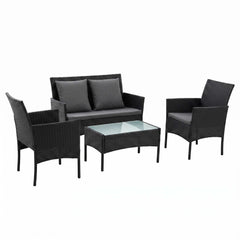 Gardeon 4-Piece Outdoor Sofa Set with Two Pillows Rattan Furniture Black