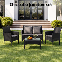 Gardeon 4-Piece Outdoor Sofa Set with Two Pillows Rattan Furniture Black