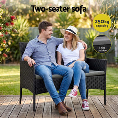 Gardeon 4-Piece Outdoor Sofa Set with Two Pillows Rattan Furniture Black