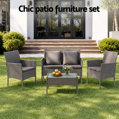 Gardeon 4-Piece Outdoor Sofa Set Rattan Furniture with Two Pillows Grey