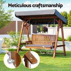 Gardeon Outdoor Wooden Swing Chair Garden Bench Canopy Cushion 3 Seater Teak