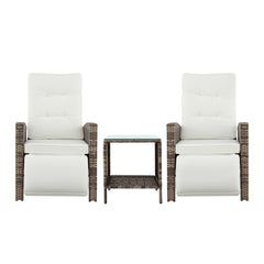 Gardeon 3PC Outdoor Bistro Set Recliner Chairs Table Sun lounge Patio Furniture Wicker Adjustable