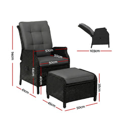 Gardeon Recliner Chair Sun lounge Wicker Lounger Outdoor Furniture Patio Adjustable Black