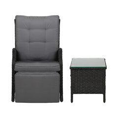 Gardeon 3PC Recliner Chairs Table Sun lounge Outdoor Furniture Wicker Adjustable Black