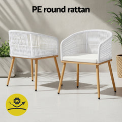 Gardeon 2PC Outdoor Dining Chairs Wicker Chair Patio Furniture Garden Steel White
