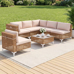 Gardeon 6 Seater Outdoor Sofa Set 7PCS Table Chair Set Garden Rattan Patio Furniture