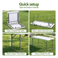 Gardeon 123cm Folding Table Portable Fold-in-Half with Handle Camping Picnic Adjustable Height