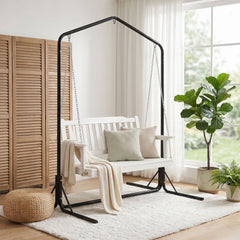 Gardeon Wooden 2-Seater Outdoor Swing Chair with Black Stand White Hanging Chair