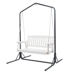 Gardeon Wooden 2-Seater Outdoor Swing Chair with Black Stand White Hanging Chair