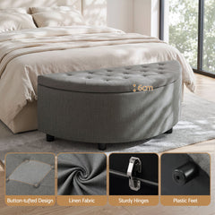 Artiss Storage Ottoman Bench Linen Fabric Tufted Half Round Footstool Grey