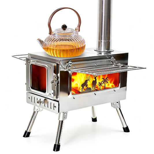 Outdoor Wood Burning Stove Multifunction Grill Hot Tent Stove with 5 Chimney Pipe and Side Window Portable Camping Stove for Cooking Heating Hiking Fishing