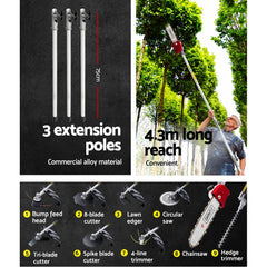 Giantz 65CC Pole Chainsaw Hedge Trimmer Brush Cutter Whipper Snipper 9-in-1 4.3m