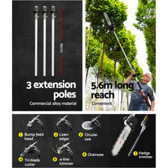Giantz 62CC Pole Chainsaw Hedge Trimmer Brush Cutter Whipper 7-in-1 5.6m Black