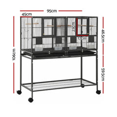 i.Pet 106cm 2-in-1 Bird Cage Aviary with Divider Parrot Budgie Wheels Black