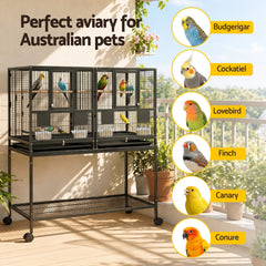i.Pet 106cm 2-in-1 Bird Cage Aviary with Divider Parrot Budgie Wheels Black