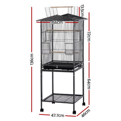 i.Pet 136cm Bird Cage Aviary Open Top Parrot Budgie Stand Wheels Black
