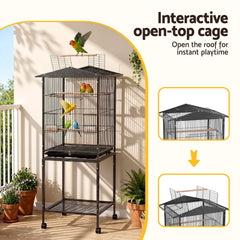 i.Pet 136cm Bird Cage Aviary Open Top Parrot Budgie Stand Wheels Black