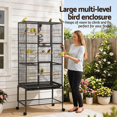 i.Pet 176cm 3-Tier Large Bird Cage Aviary with Ladder Parrot Budgie Wheels Black