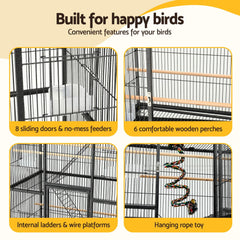 i.Pet 176cm 3-Tier Large Bird Cage Aviary with Ladder Parrot Budgie Wheels Black