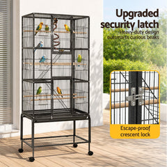 i.Pet 176cm 3-Tier Large Bird Cage Aviary with Ladder Parrot Budgie Wheels Black