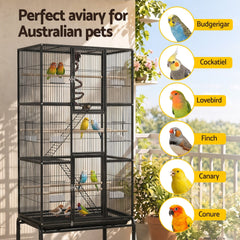 i.Pet 176cm 3-Tier Large Bird Cage Aviary with Ladder Parrot Budgie Wheels Black