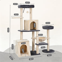 i.Pet Cat Tree Tower 133cm Rotatable L-Shape Design Scratching Post Furniture Scratcher House Grey & Beige