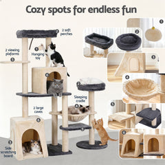 i.Pet Cat Tree Tower 133cm Rotatable L-Shape Design Scratching Post Furniture Scratcher House Grey & Beige