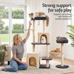 i.Pet Cat Tree Tower 133cm Rotatable L-Shape Design Scratching Post Furniture Scratcher House Grey & Beige