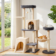 i.Pet Cat Tree Tower 133cm Rotatable L-Shape Design Scratching Post Furniture Scratcher House Grey & Beige