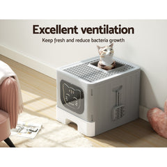 i.Pet Cat Litter Box Large Tray Kitty Toilet Enclosed Hooded Foldable Cat Litter Box Scoop Grey
