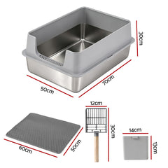 i.Pet XXL Cat Litter Box Stainless Steel Jumbo Semi-Enclosed Pet Kitty Toilet Grey