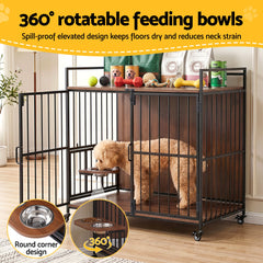 i.Pet 2-in-1 Wooden Dog Crate 99cm Pet Cage Furniture End Table Wheels Black
