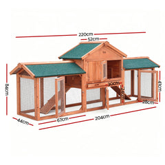i.Pet Chicken Coop Rabbit Hutch 220cm x 44cm x 84cm Large Chicken Coop Run Wooden Outdoor Cage House