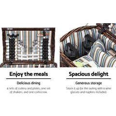 Alfresco 4 Person Picnic Basket Set Wooden Blanket Cooler Bag Outdoor Insulated