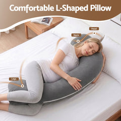 Giselle Bedding Pregnancy Pillow for Side Sleeping L-Shaped Maternity Body Pillow for Women 100% Cotton Jersey Cover for Head Neck Belly Support, 63x115 cm Grey