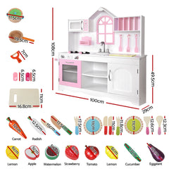 Keezi Wooden Kids Pretend Kitchen Playset with 29pc Food Set Pink White